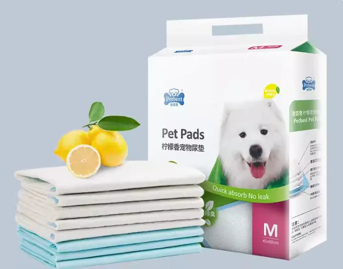Pack of dog urine pads showing adhesive backing, bamboo charcoal variant, and size comparison