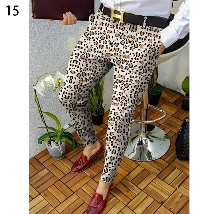Men's slim-fit straight-leg casual trousers featuring a blue and black 3D printed plaid pattern.