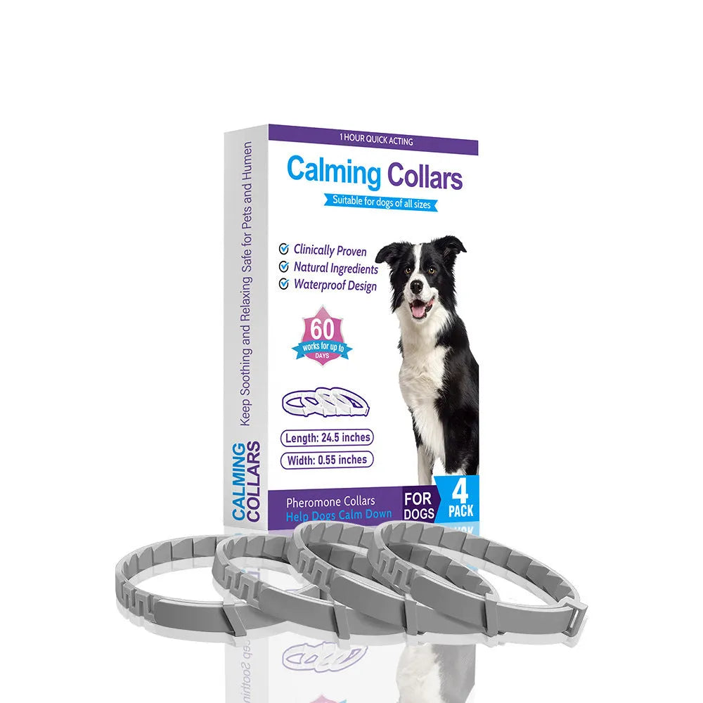 Four dog anxiety relief collars in different colours with Chinese monochrome pattern