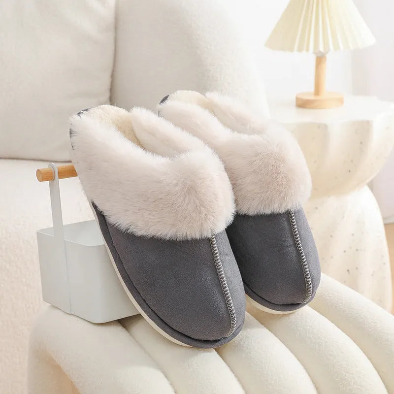 Brown women's plush indoor slippers with round toe, flat heel, and textured PVC anti-slip sole.