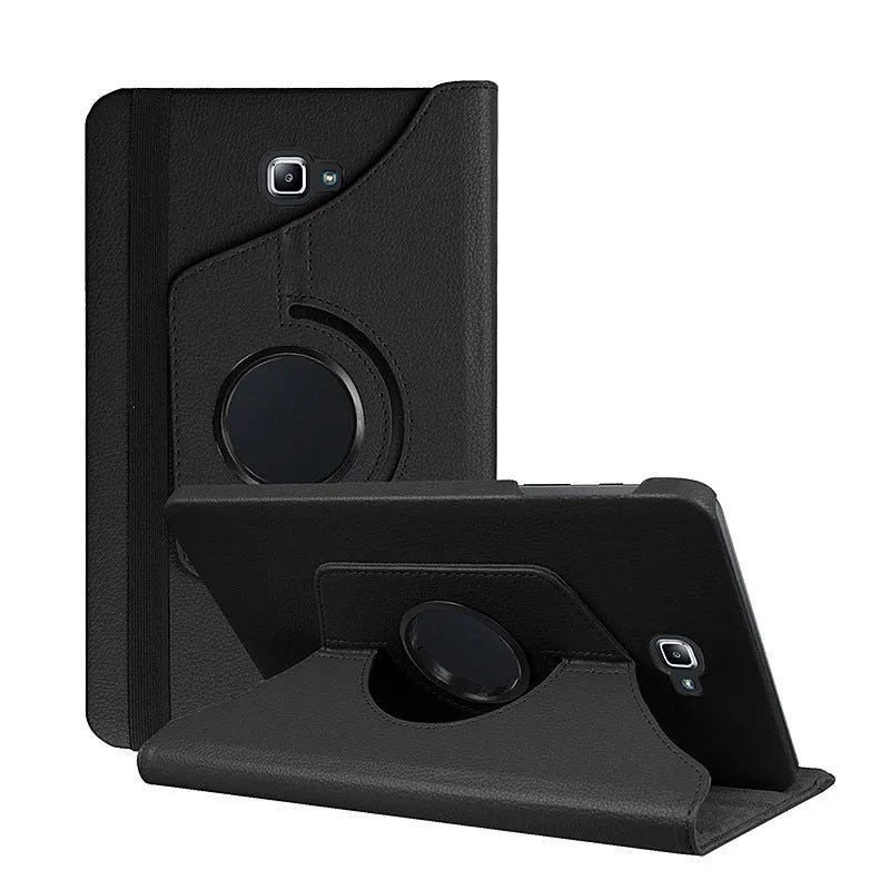Rotating leather tablet case in clamshell design for iPad 1, shown in multiple colour options.