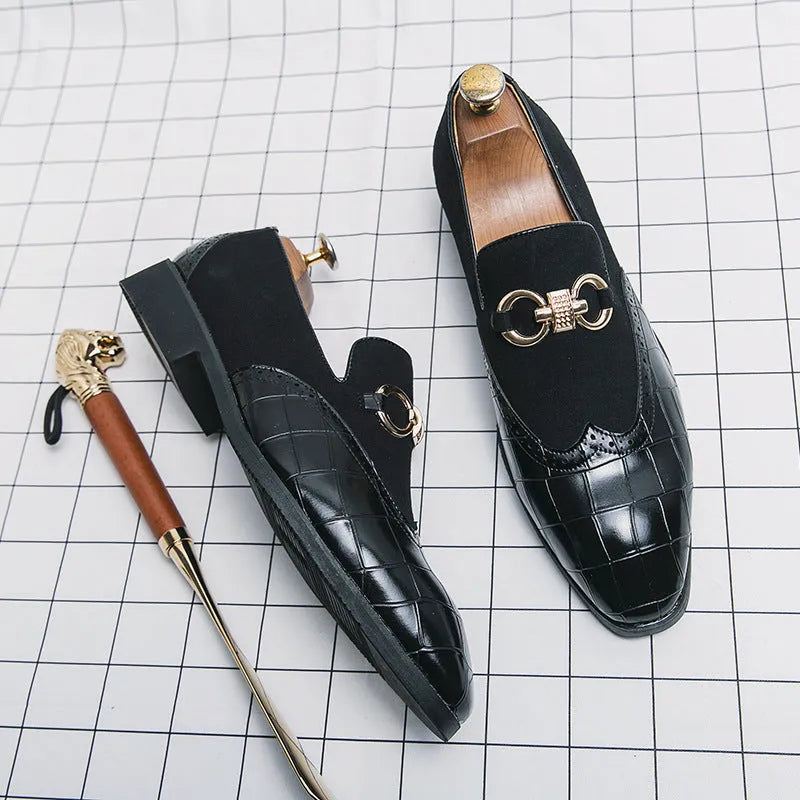 Korean style men's leather shoes with pointed toe and low-top design in black and green colour options
