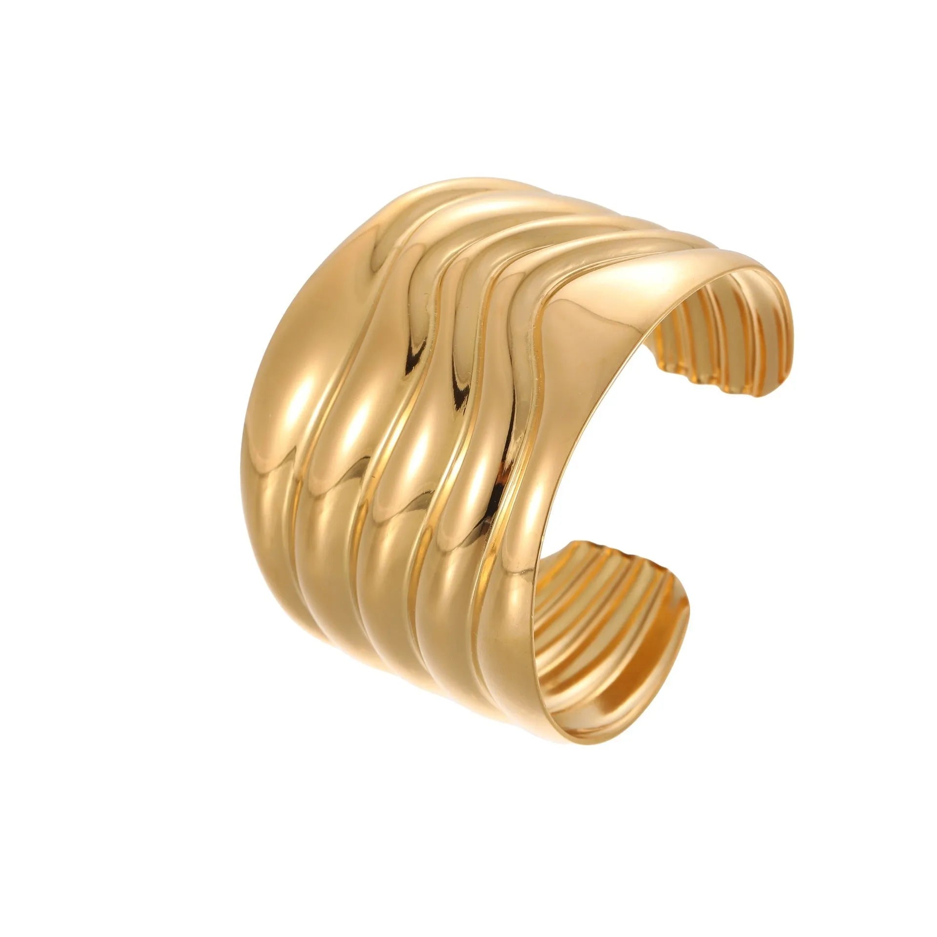 Women's exaggerated wide stainless steel bracelet with 18K gold plating and geometric wave design