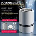 White simple-style desktop USB air purifier with Type-C cable on a desk.