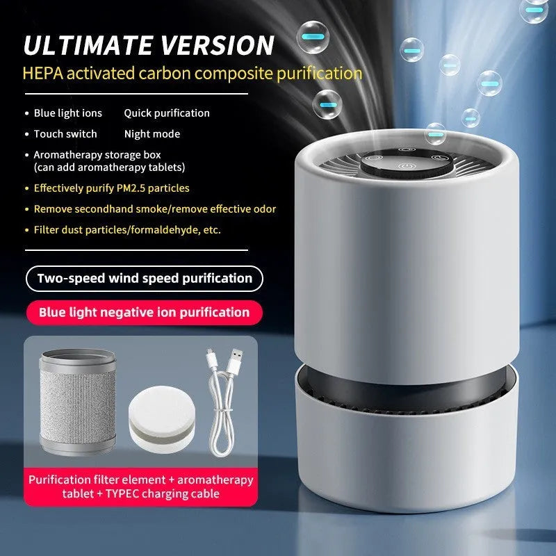 White simple-style desktop USB air purifier with Type-C cable on a desk.