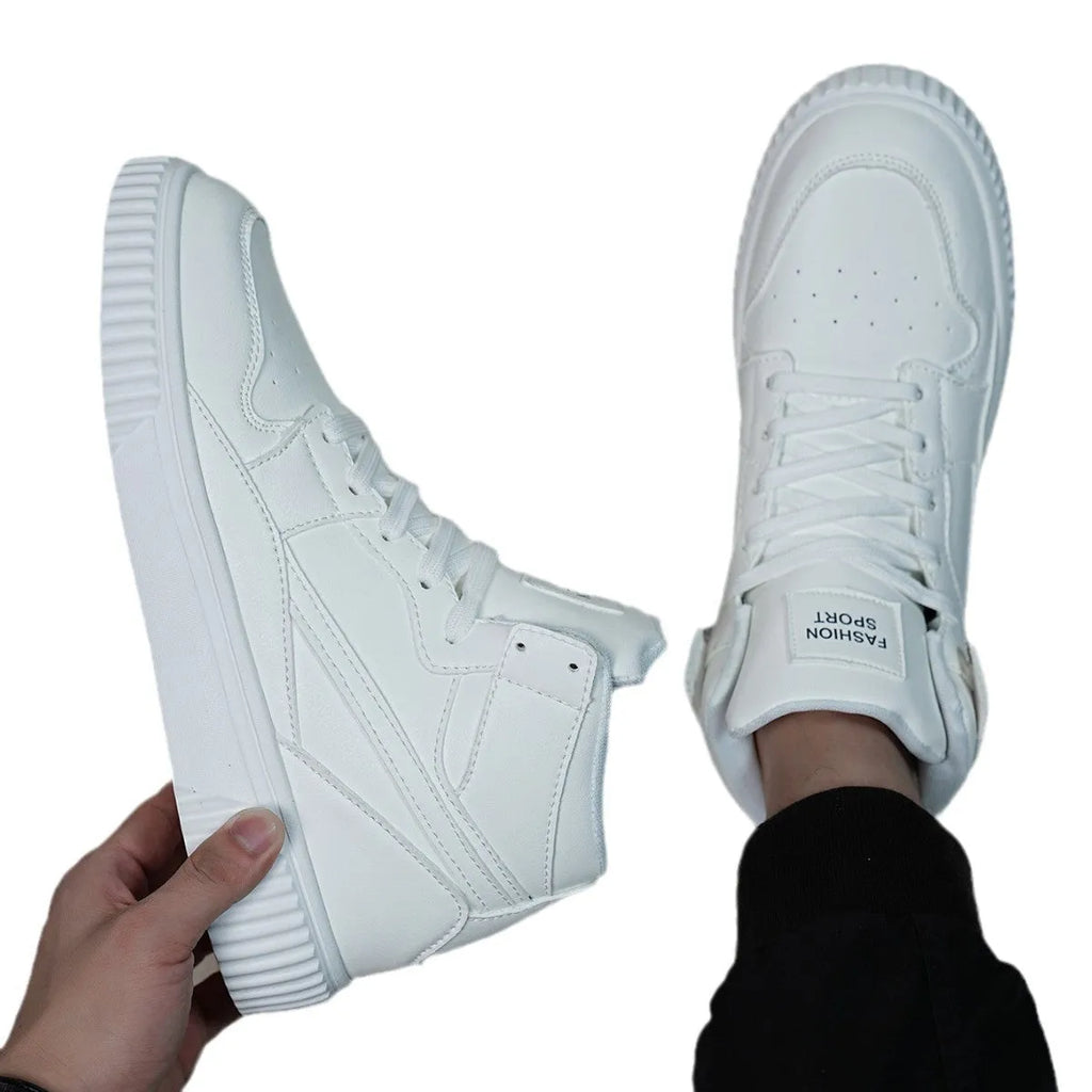 Men's white round-toe casual shoes made from microfiber material.