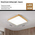 Square Nordic LED ceiling light with white wood grain finish shown in three size options