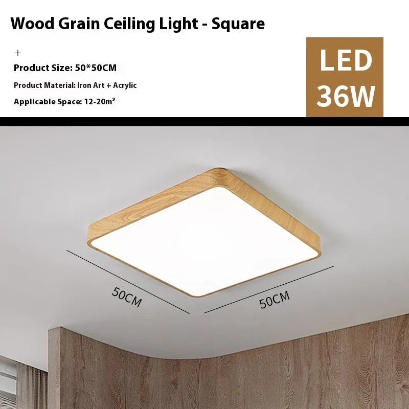 Square Nordic LED ceiling light with white wood grain finish shown in three size options