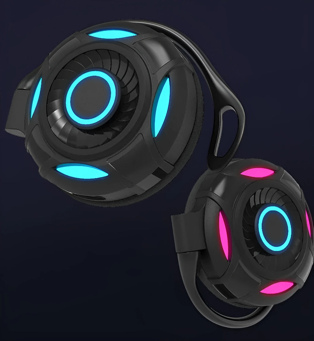 Black and white Bluetooth wireless earphones with hanging over-ear design showing USB charging port