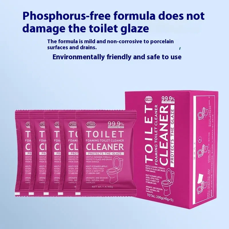 Toilet bubble powder cleaning product in blue ocean or pink floral fragrance, offered in boxed sachets or a large bag.