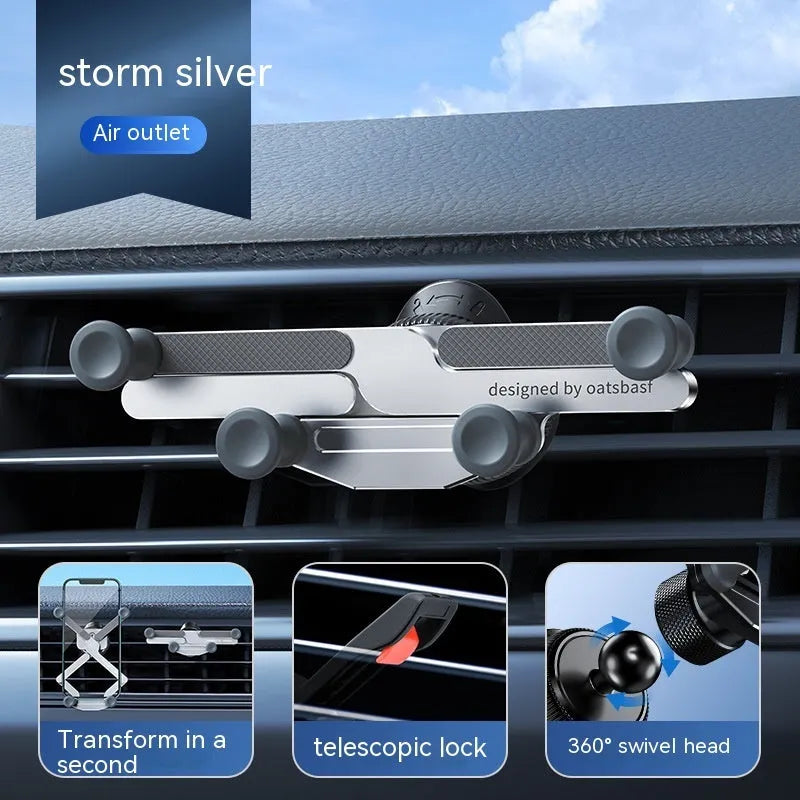 Aluminium alloy car phone mount with silicone grips shown attached to vehicle air vent