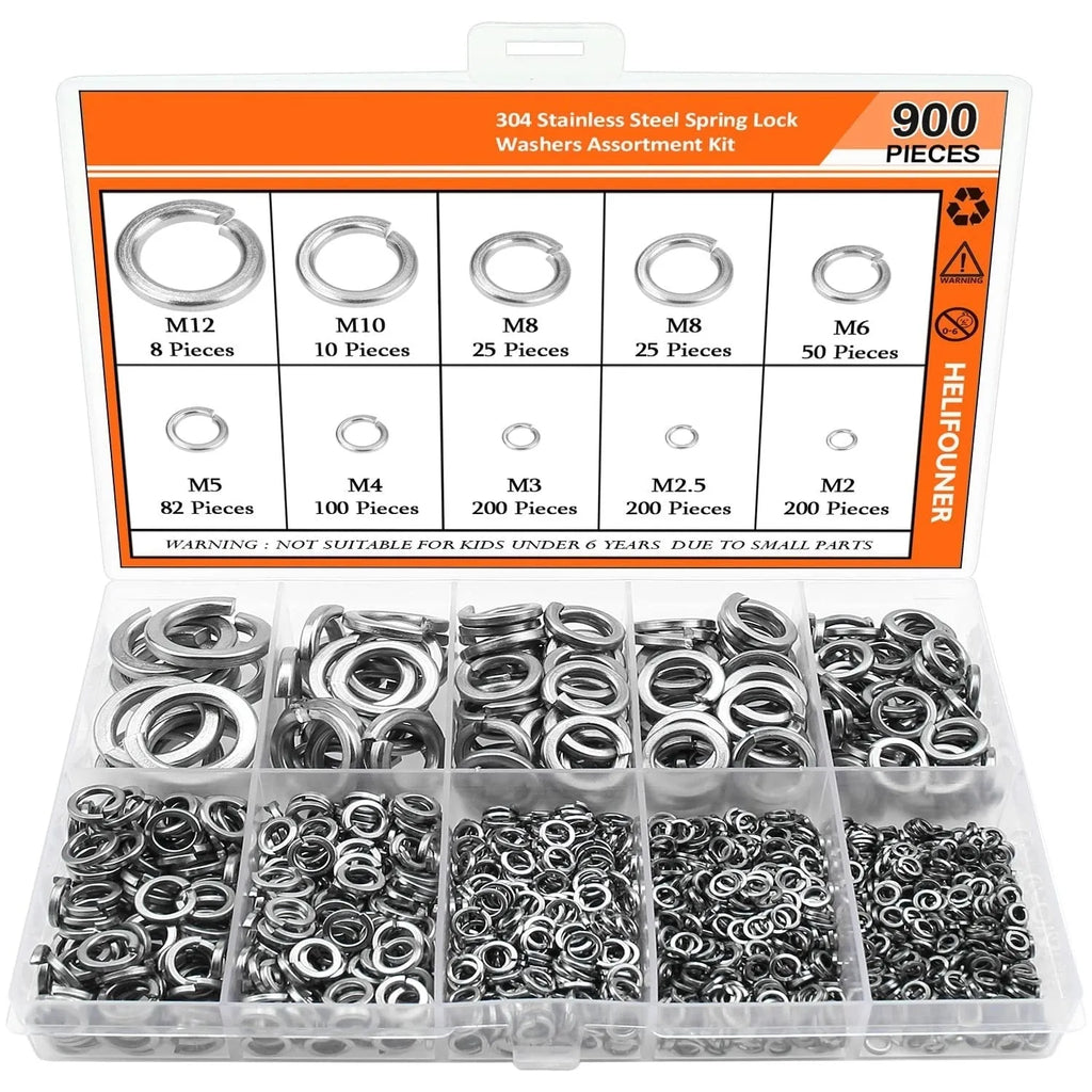 Open box showing assortment of 304 stainless steel spring lock and flat washers in various sizes.