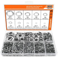 Open box showing assortment of 304 stainless steel spring lock and flat washers in various sizes.