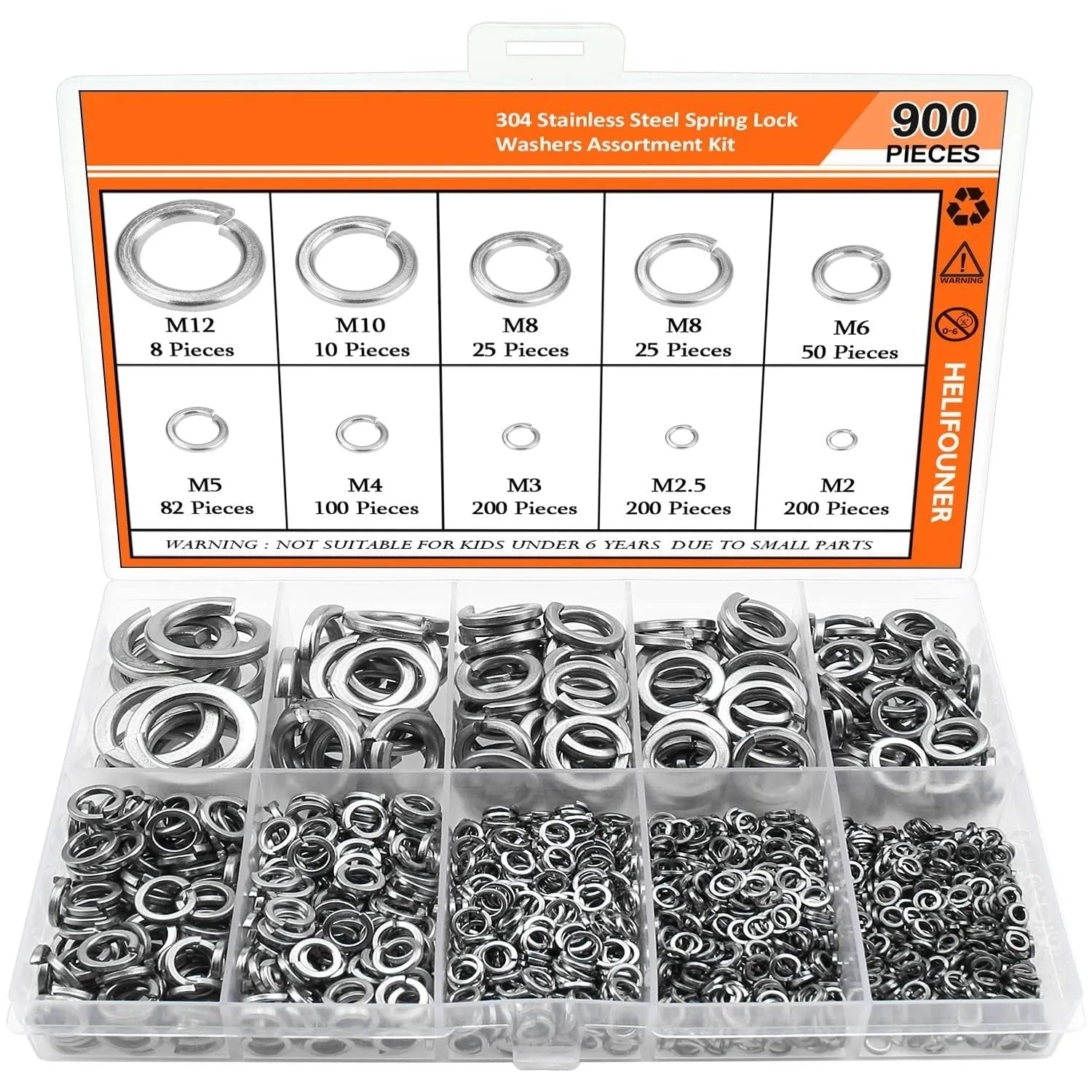 Open box showing assortment of 304 stainless steel spring lock and flat washers in various sizes.