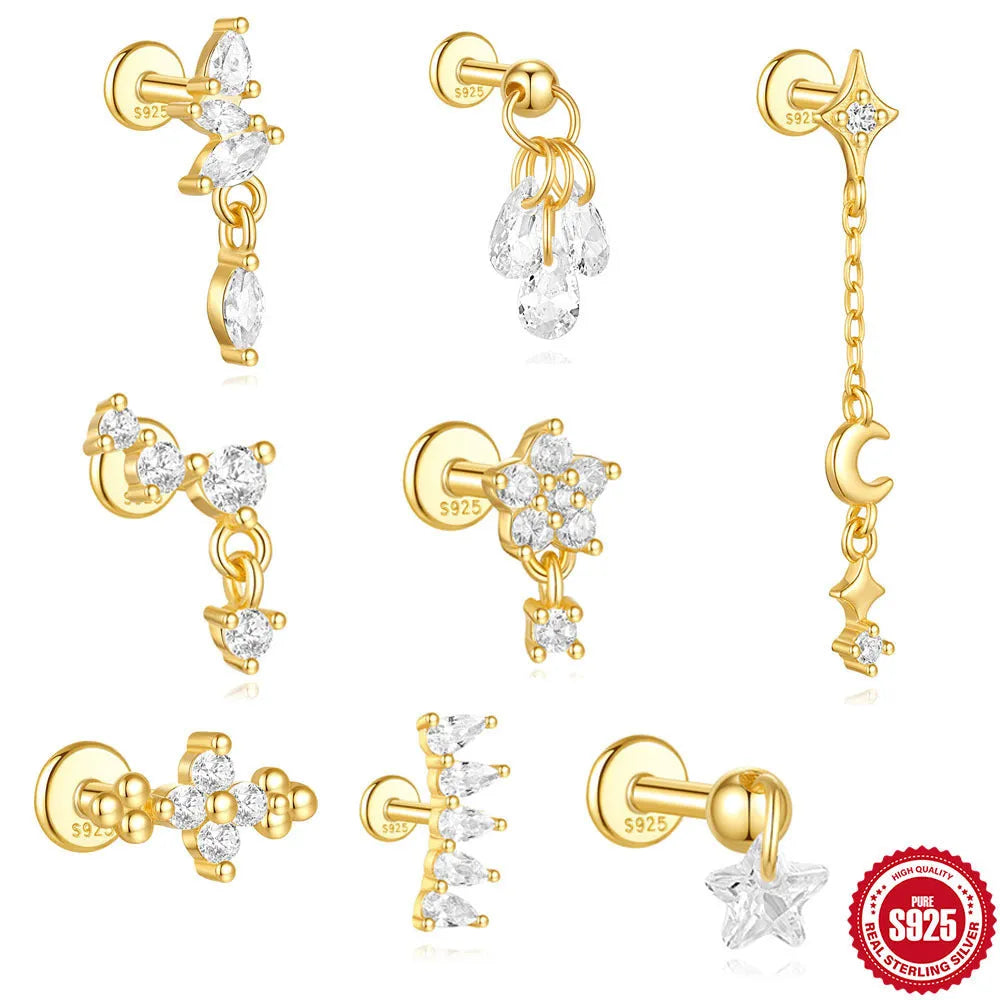 S925 sterling silver geometric earrings with a gold-plated moon and star design.