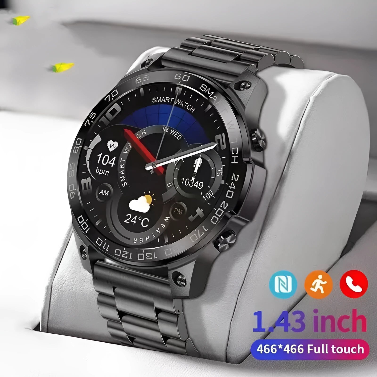 Round AMOLED sports watch with silicone strap showing Bluetooth call interface and fitness metrics on screen.