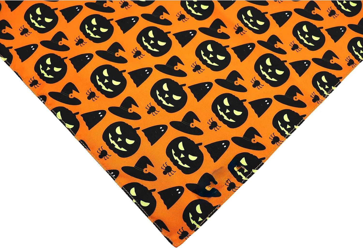 Halloween dog bandana showing reversible pumpkin and spider web patterns with adjustable neck closure