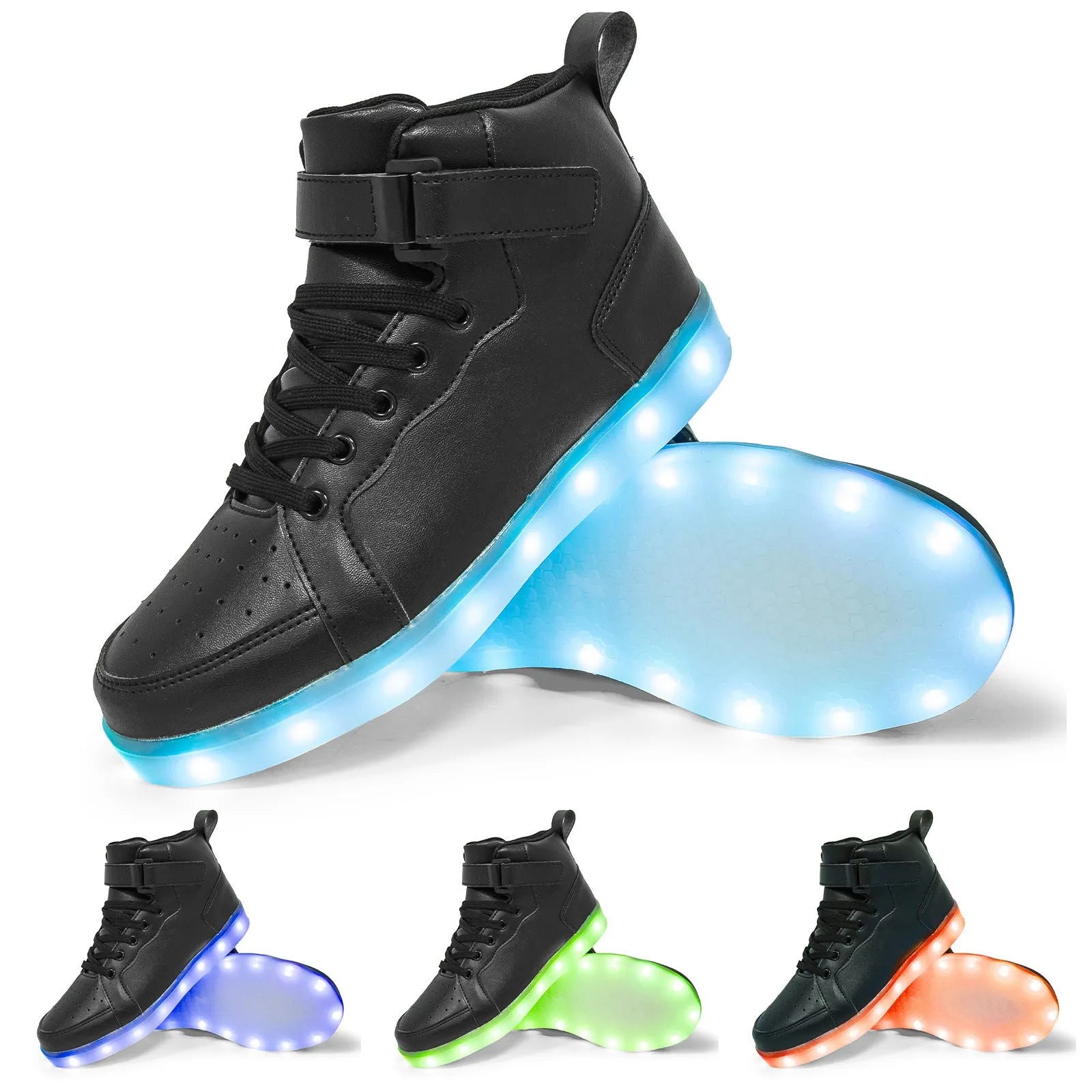 Unisex black LED high-top trainers with Velcro strap and glowing lights on the sole.
