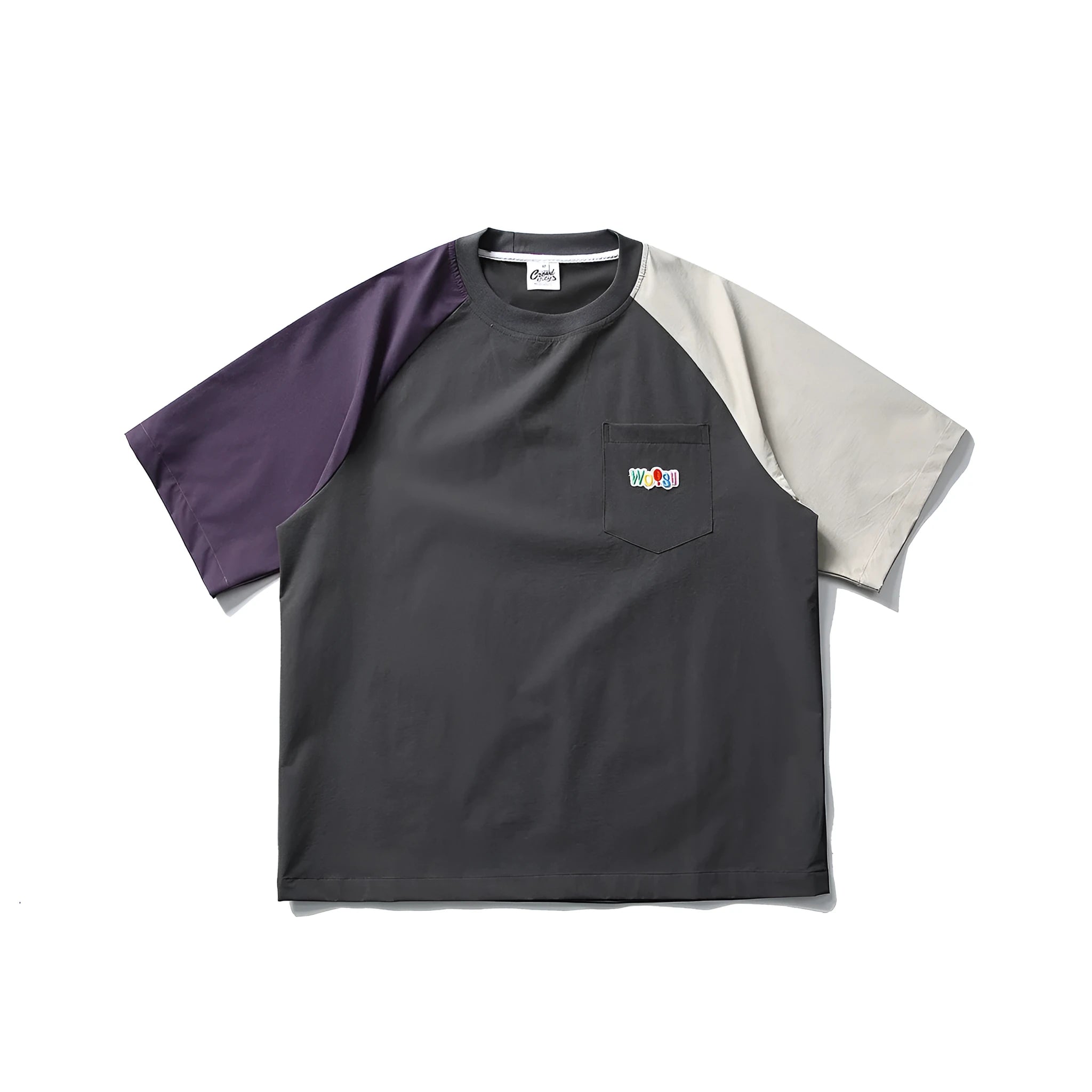 Dark grey men's loose fit T-shirt with contrast colour panels and raglan sleeves.