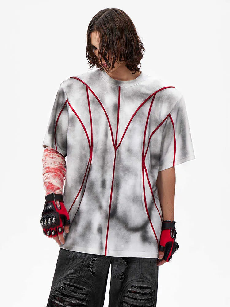 Women's padded shoulder short sleeve T-shirt with patchwork detail and round neck collar