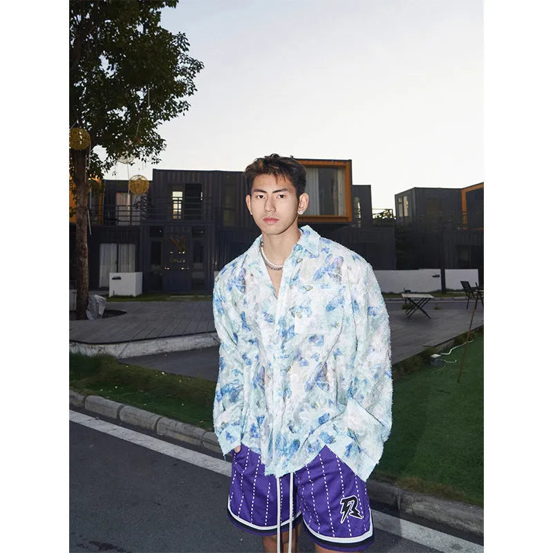 Men's floral long sleeve shirt with embossed pattern in loose fit design