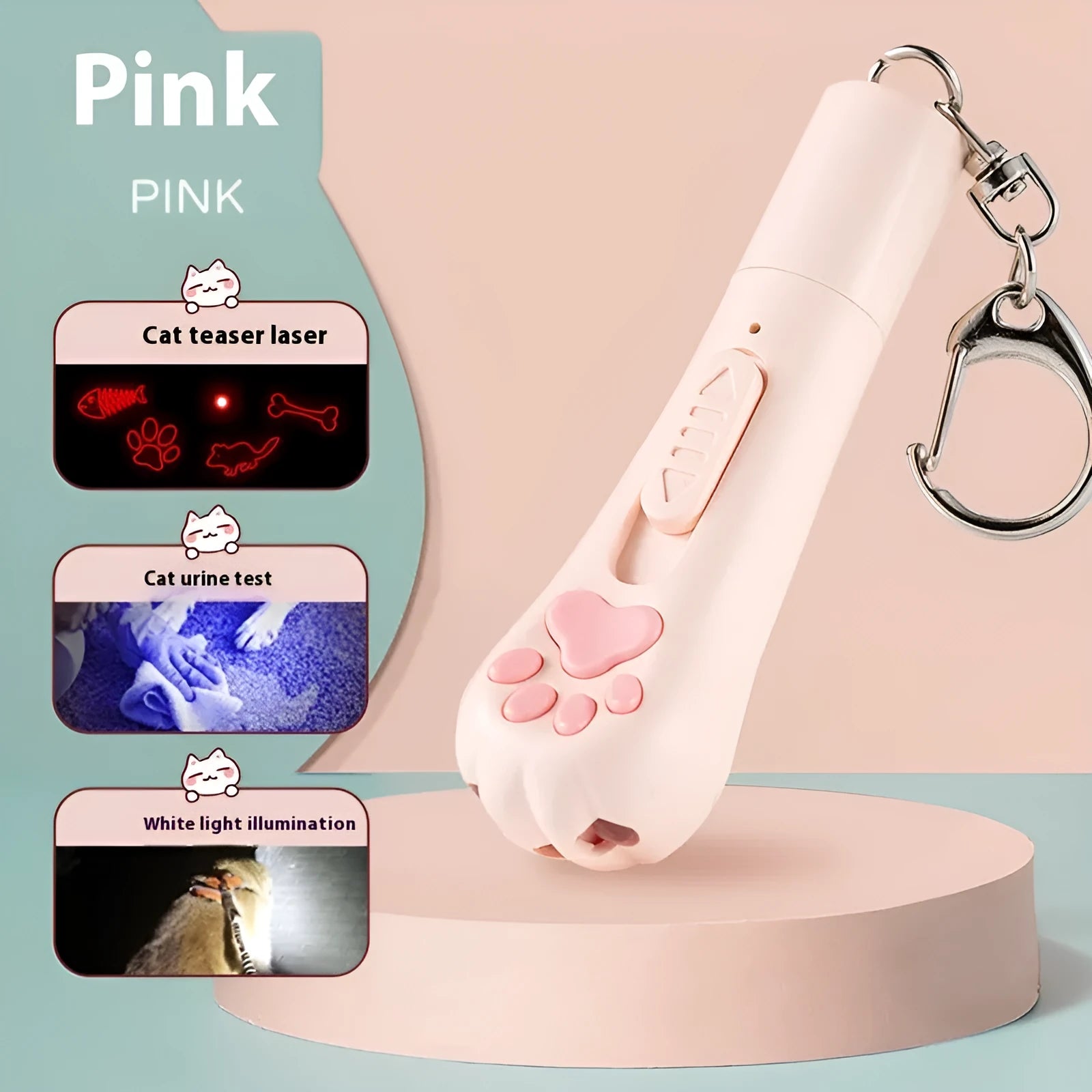 Charging cat teaser pet toy with pen light in cream white, pink, or sky blue.