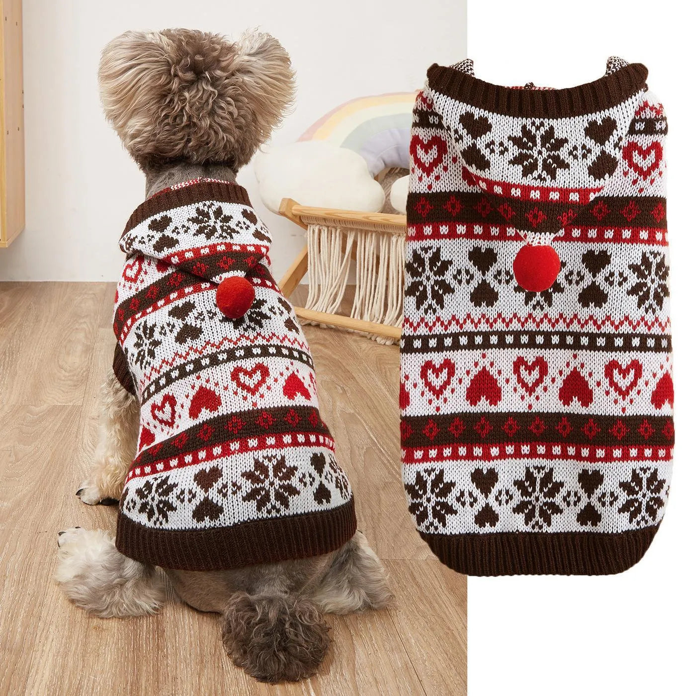 Blue striped camouflage dog sweater with snowflake patterns on small white Bichon