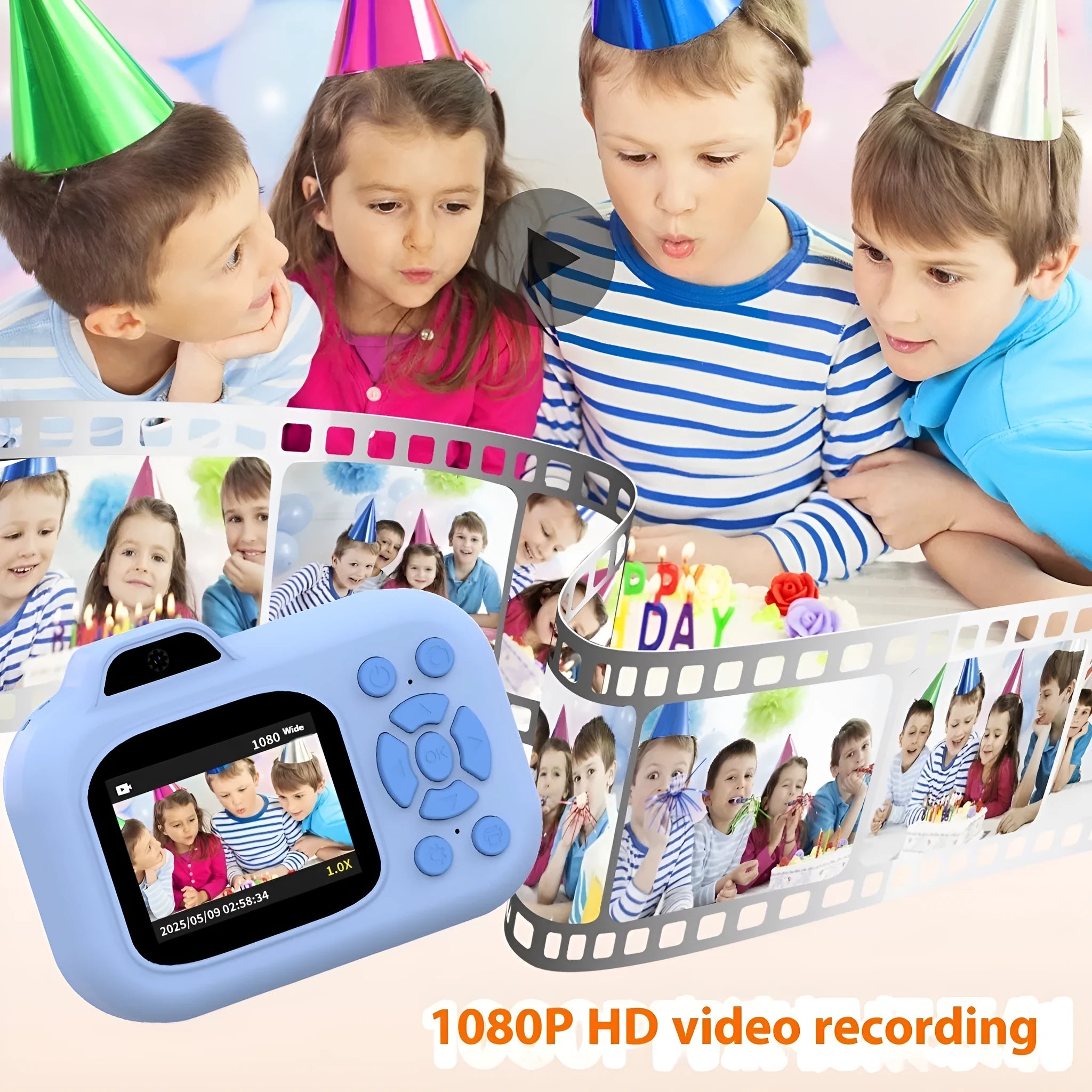 Children's digital camera toy in pink, blue or purple colours with video recording and photography functions
