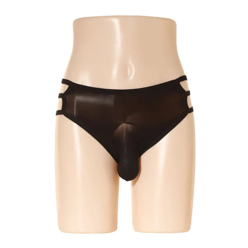 Men's transparent nylon elephant nose shorts in multiple colours on a mid-waist free-size model.