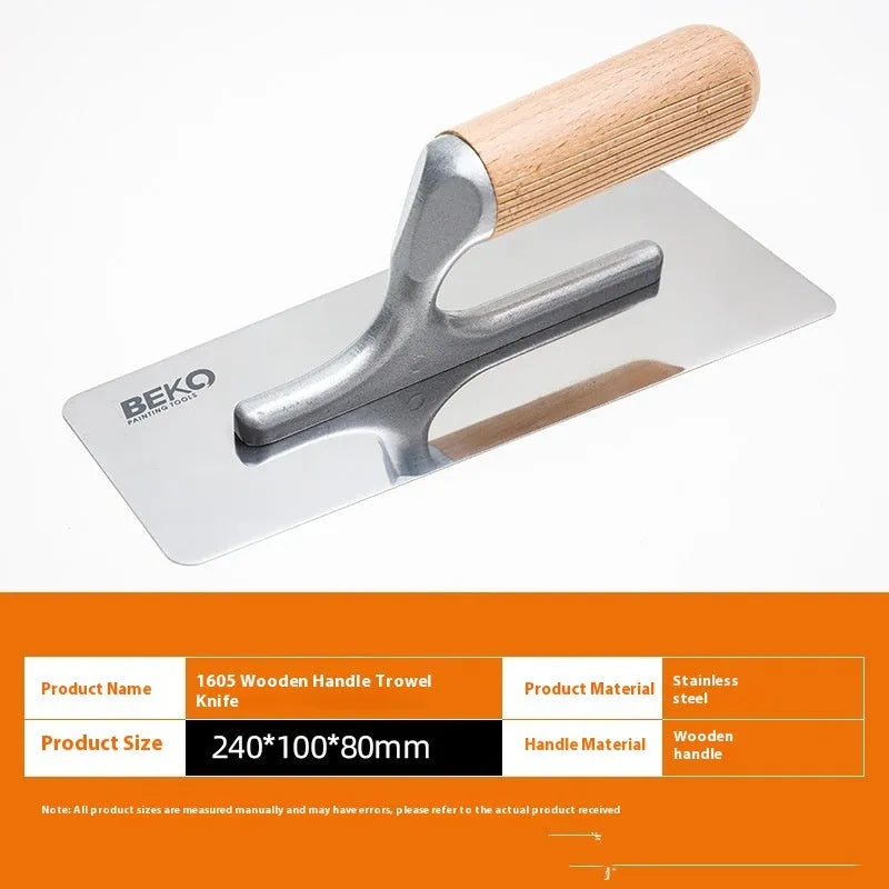Three stainless steel putty scrapers with wooden handles in different sizes for decorative floor and wall application