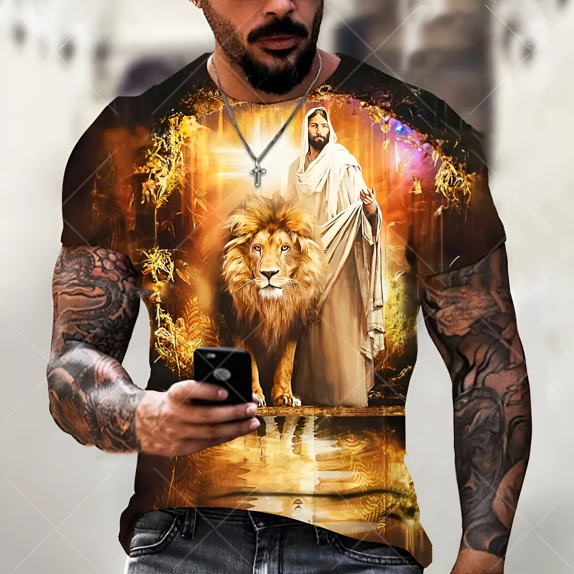 Men's grey T-shirt with 3D printed Jesus pattern design, short sleeves, pullover style