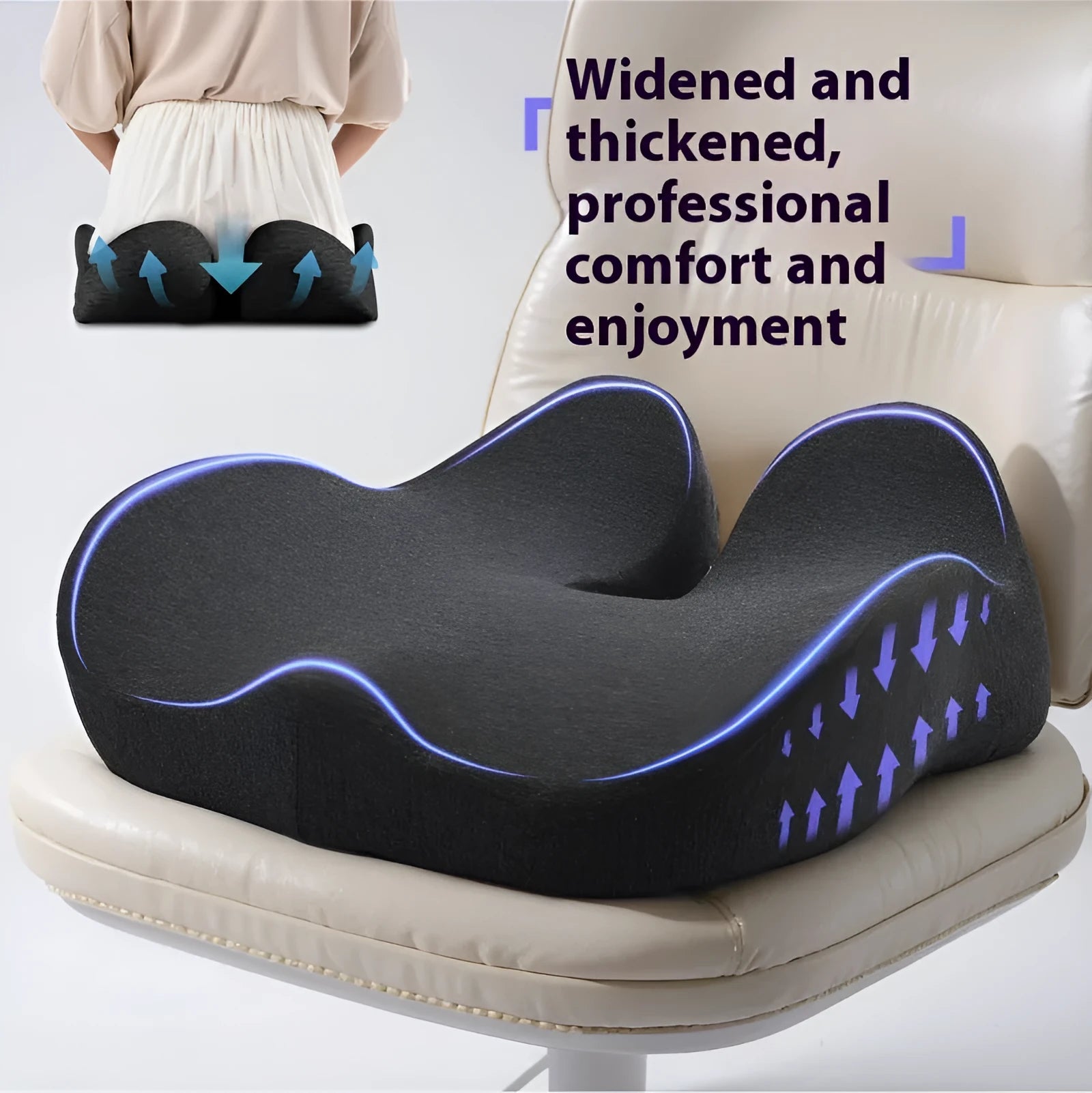 Office memory foam chair cushion in light grey measuring 46x43x12 cm