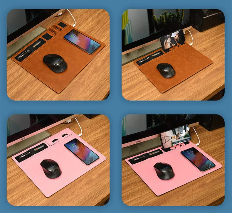 Black wireless charging mouse pad with phone holder on a desk, showing USB cable.