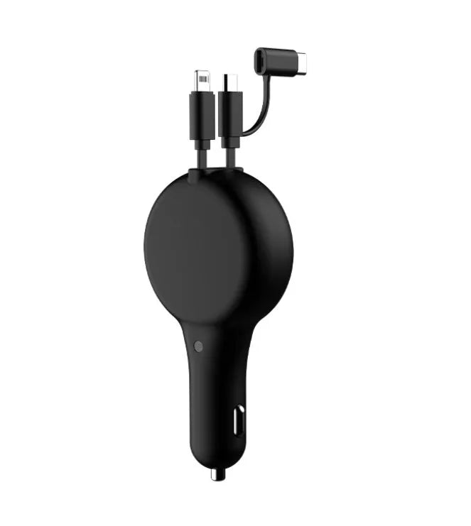 Black retractable car charger showing Type-C and iPhone charging ports with retracted cables