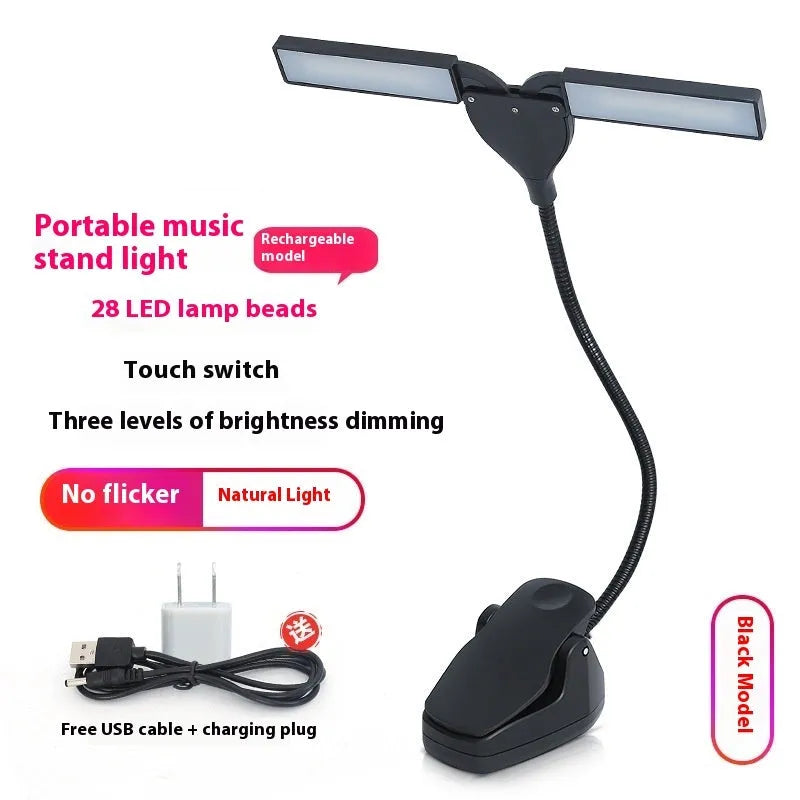 Black rechargeable music stand lamp with 28 LEDs attached to a metal music stand.