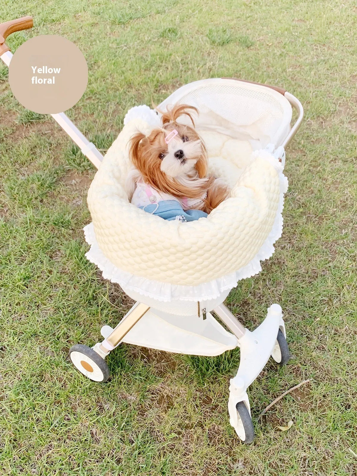 Pure cotton pet stroller three-piece set with towel, cushion and pillow in floral pattern