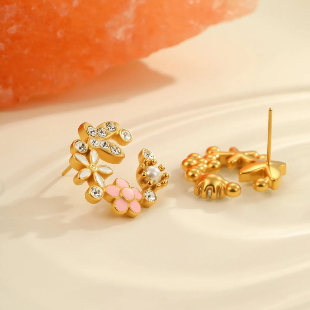 18K stainless steel flower petal stud earrings with electroplated diamond-colour finish