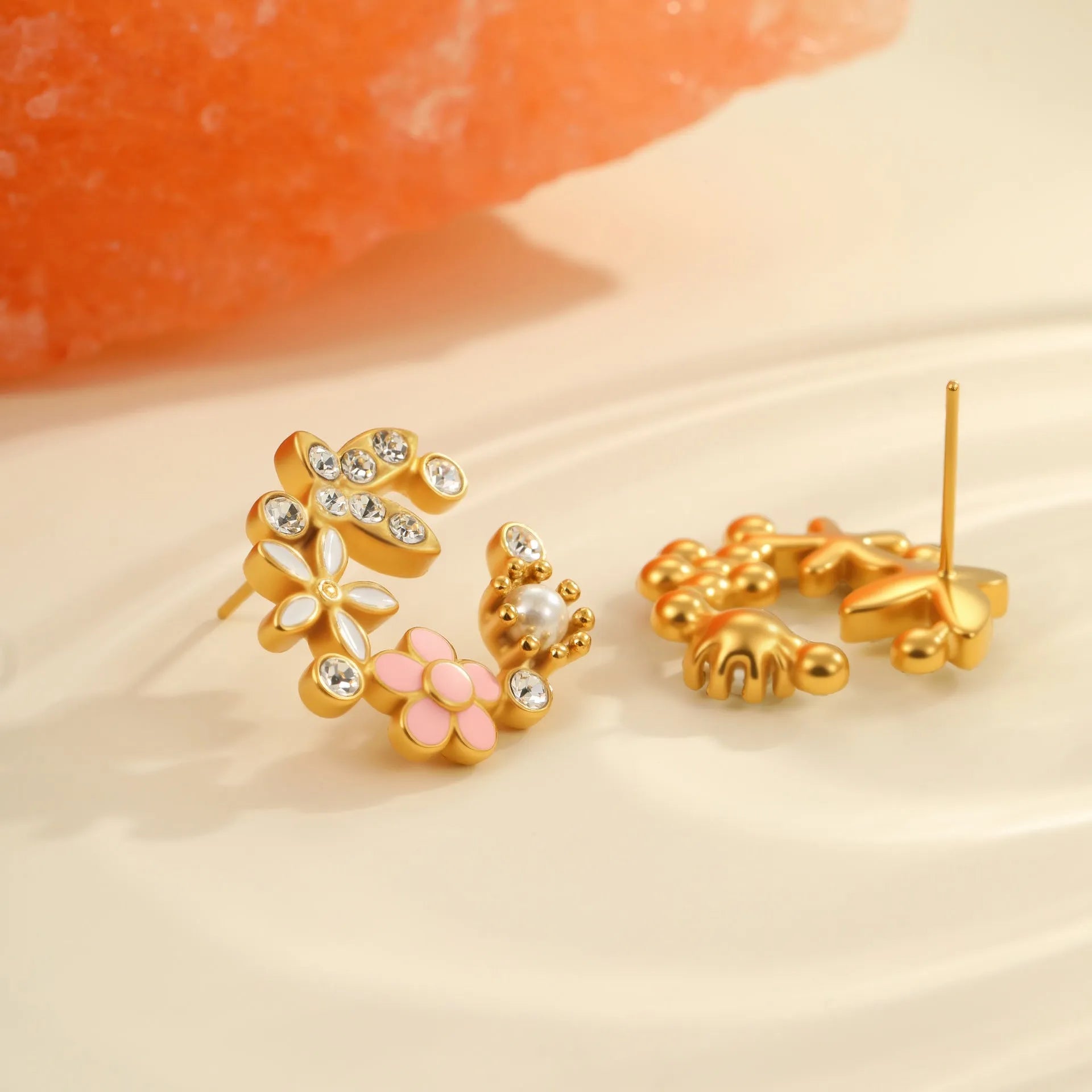 18K stainless steel flower petal stud earrings with electroplated diamond-colour finish