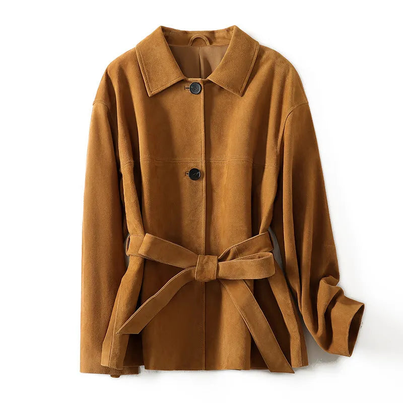 Women's mid-length art retro cashmere coat with Peter Pan collar and leather stitching in loose fit.