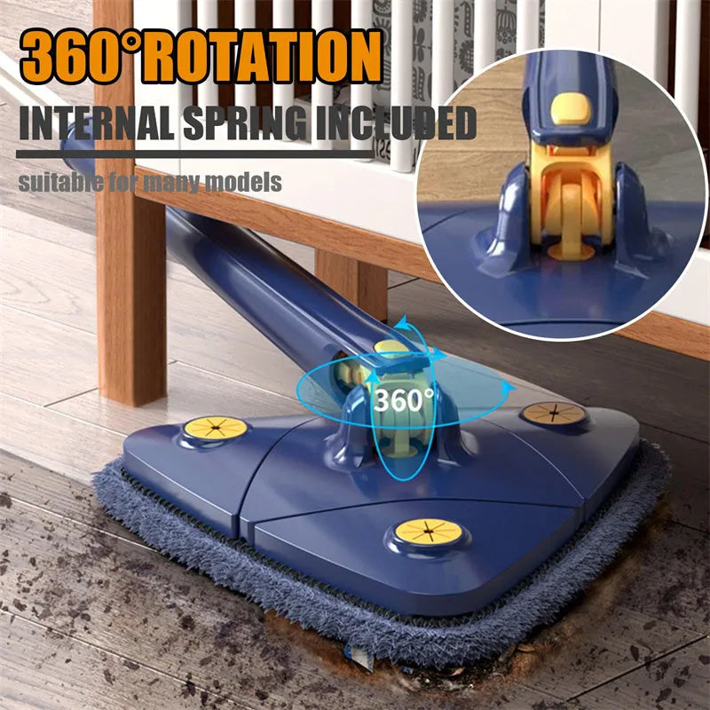 Blue extendable triangle cleaning mop with rotating head on a stainless steel pole for floors and walls.
