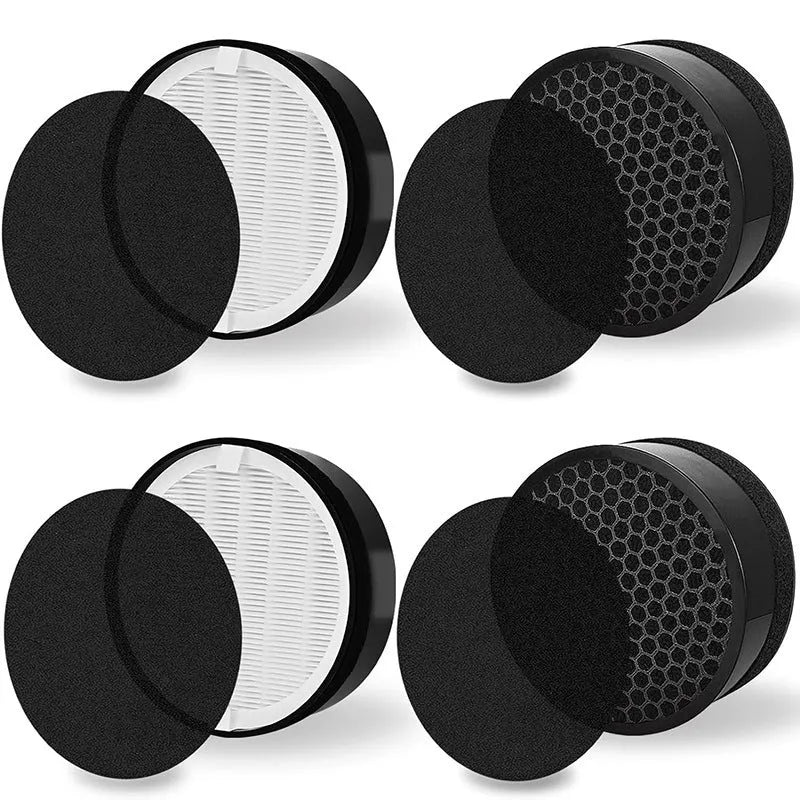 Levoit LV-H132 air purifier replacement filter and washable pre-filter cotton, shown with dimensions.