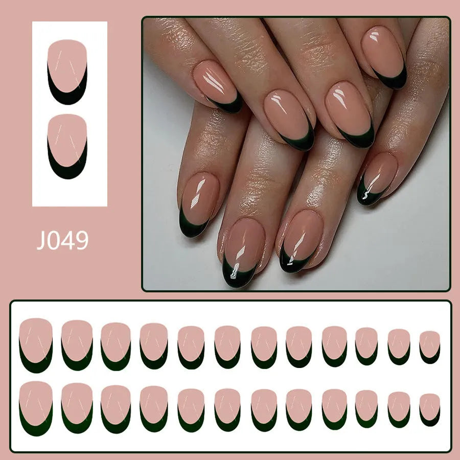Black French style false nails almond shape 24 piece manicure set