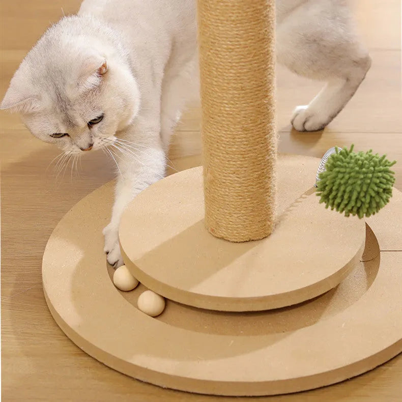 Vertical cat climbing scratch post with hemp rope in canna colour, featuring a chamfered grab column.