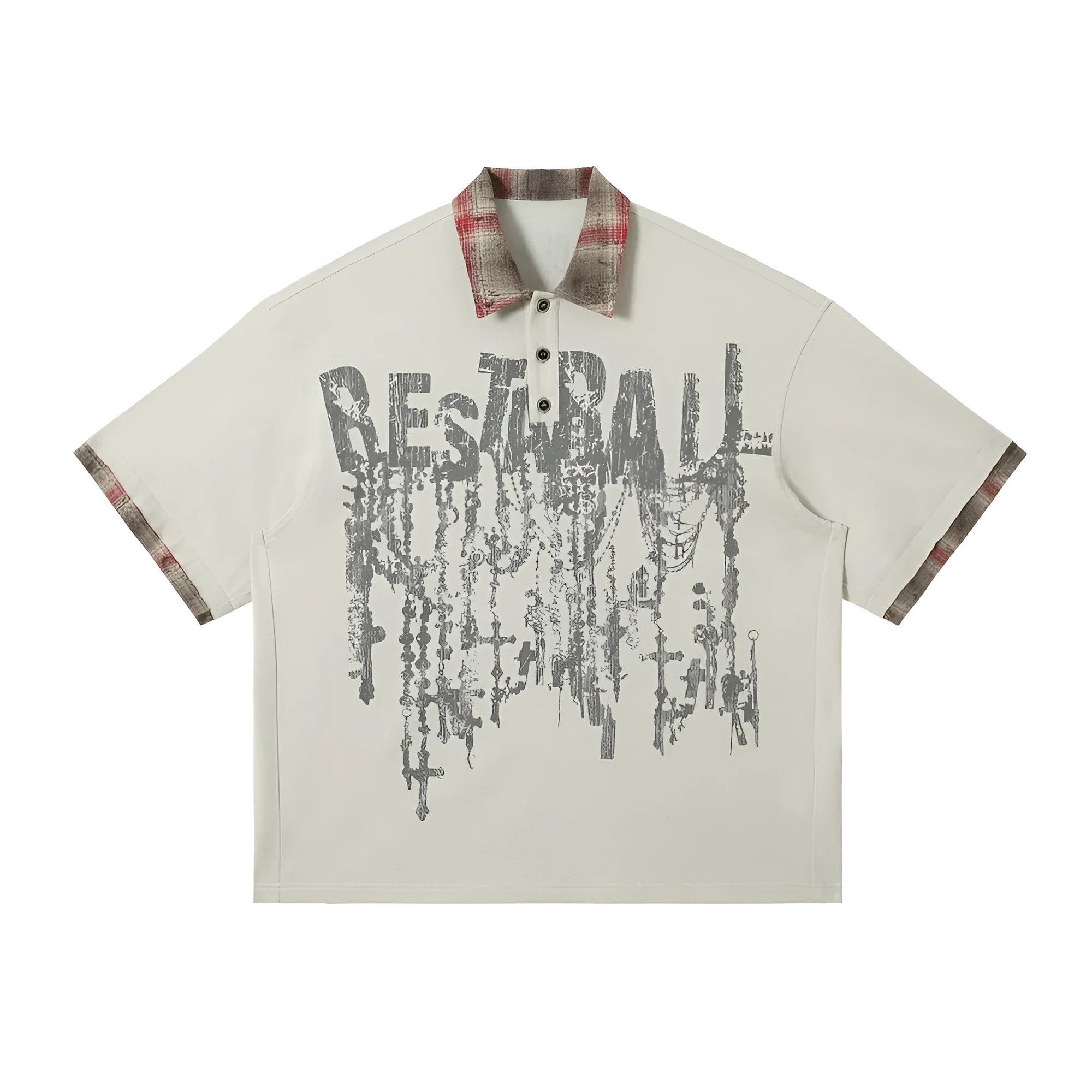 Men's loose fit cotton short-sleeved top with lapel and asymmetric graffiti print design in street style