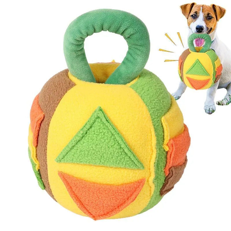 Pink and green plush squeaky ball dog toy with treat pockets and noisemaker