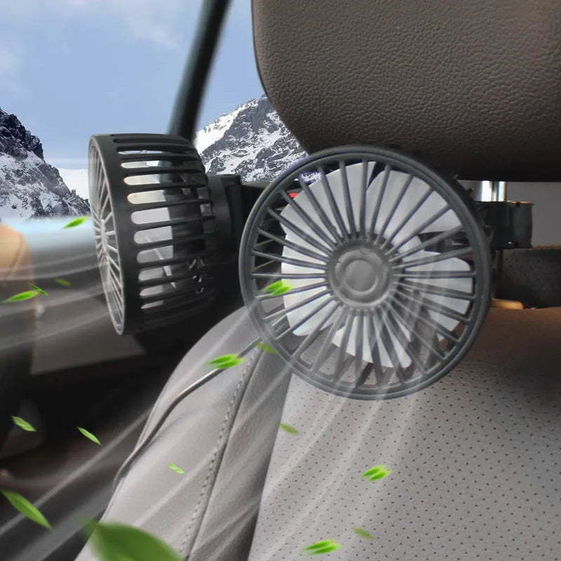 Black car USB rear pillow single head electric fan on a car seat.