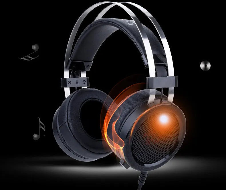 Black wired computer gaming headset with 3.5mm plug and long cable.