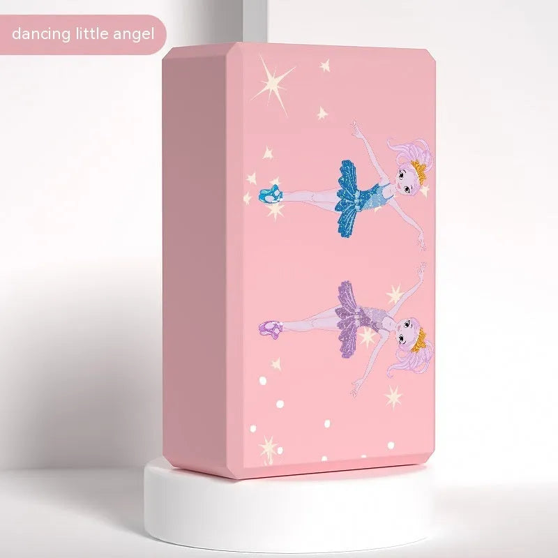 High-density EVA yoga block in violet colour next to a pink block with a cartoon print design.