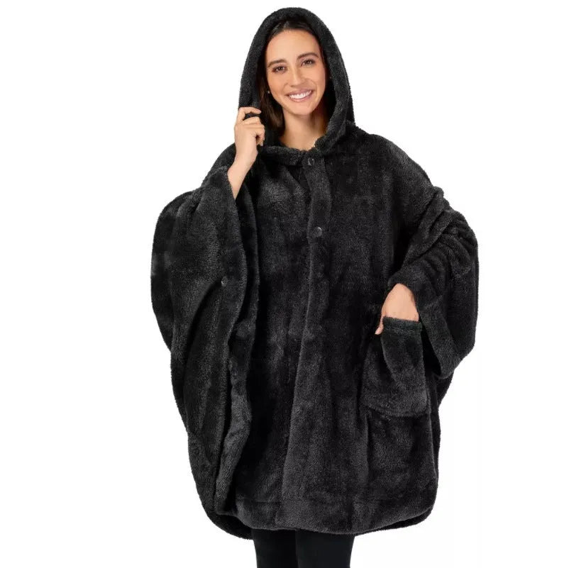 A hooded long sleeve bathrobe in super thick polyester fabric, shown in a cardigan style.