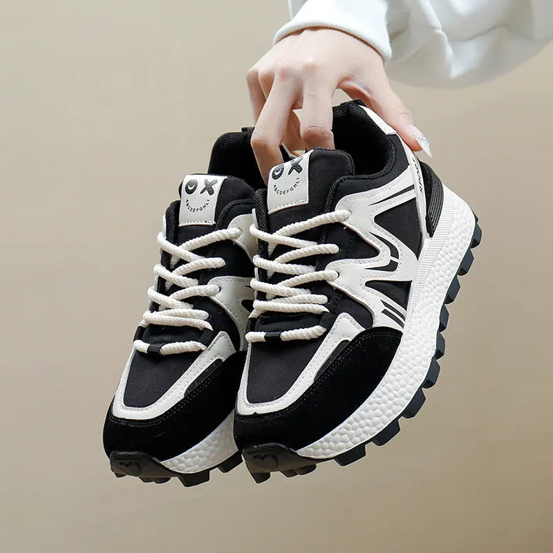 Women's black platform casual sports shoes with round toe and front lace-up design